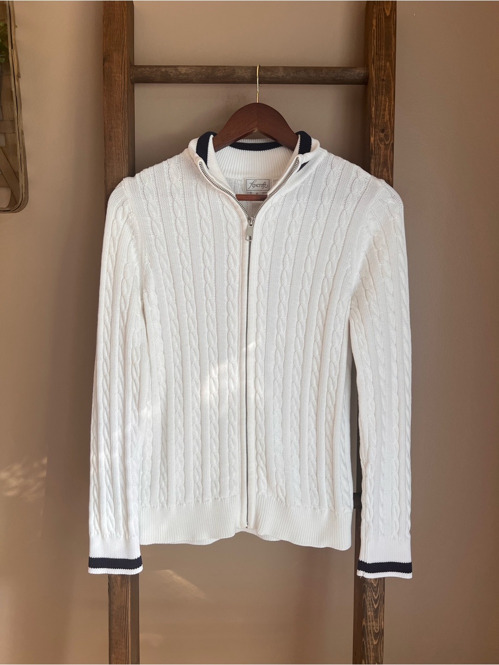 Foxcroft White Cable-Knit Zip Cardigan with Navy Trim